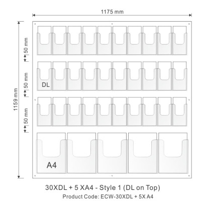 5XA4+30X DL Wall Mount Brochure Holder Display Unit