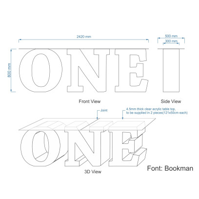 One Table / ONE Free Standing 3D Letters / Baby One Year Table Base - 800mm high Bookman Font
