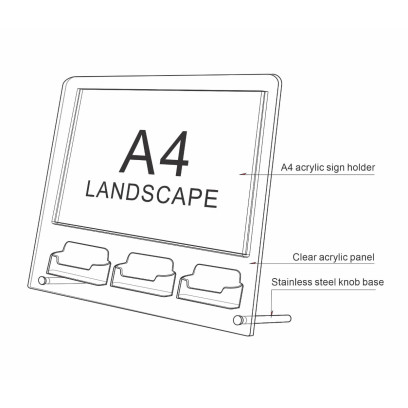 A4 Landscape Sign Holder with 3 Business Card Holders Counter Top Unit 