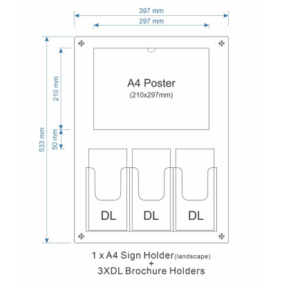 1 A4 Sign Holder + 3 DL Brochure Holder Unit